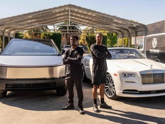 DAJAI and Armand Perry, co-founders of The Wash Club, winners of Best of Las Vegas 2024 Gold for Best Auto Detailing, photographed with a Tesla Cybertruck and Rolls-Royce Dawn